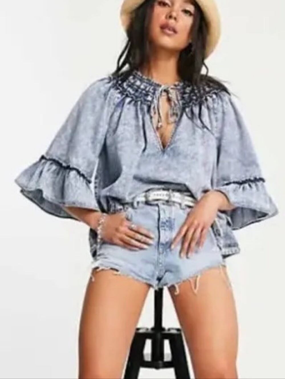 Free People Indigo Wash Ruffle Denim Bell Sleeves Top Blouse NWT Sz S